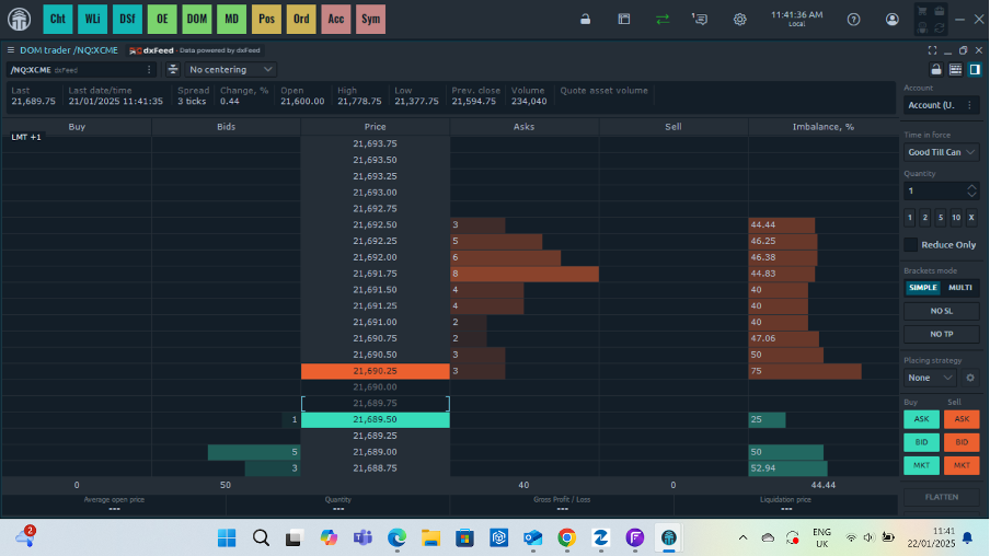 DoM data on Quantower platform