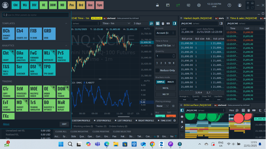 Platform interface at Quantower