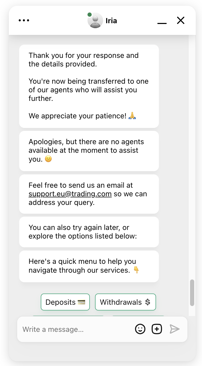 Live chat conversation with Trading.com customer support