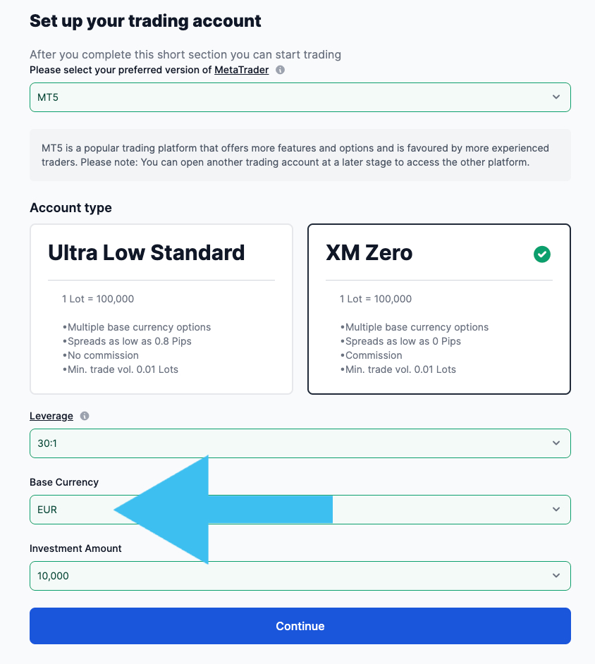Setting up a trading account based in euros at XM broker