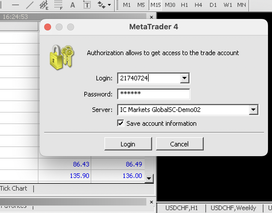 Logging into MetaTrader 4 platform with IC Markets user details
