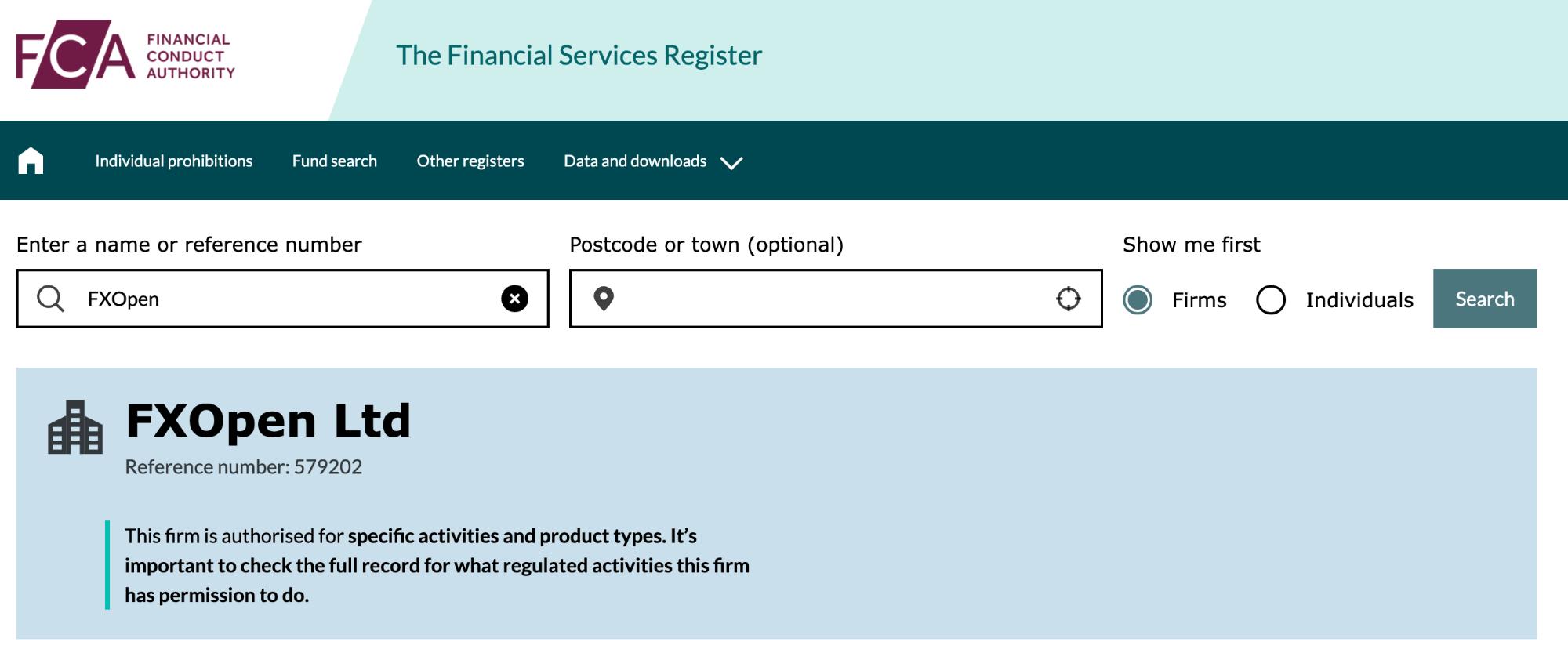 FXOpen license details on FCA register