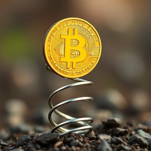 An image of a coiled spring with Bitcoin token at the top poised for growth