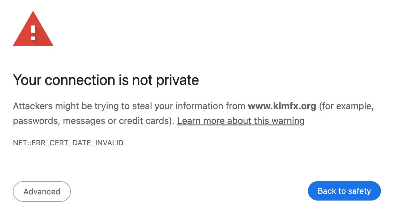 Error message when trying to access KLMFX broker's website